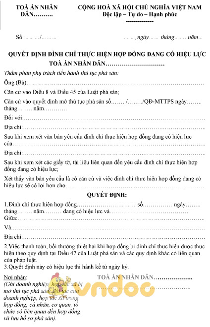 Mẫu quyết định đình chỉ thực hiệp hợp đồng đang có hiệu lực