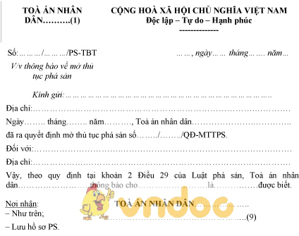 Mẫu thông báo về mở thủ tục phá sản của Tòa án