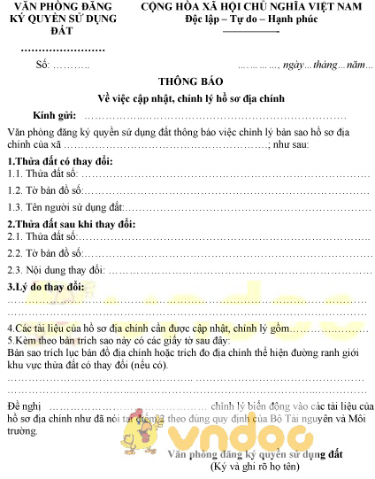 Mẫu thông báo về việc cập nhật, chỉnh lý hồ sơ địa chính