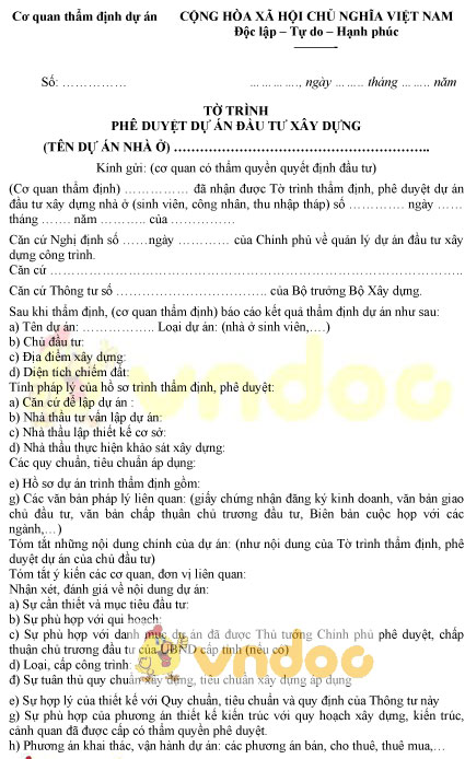 Mẫu tờ trình phê duyệt dự án đầu tư xây dựng