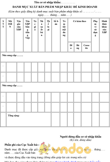 Mẫu danh mục xuất bản phẩm nhập khẩu để kinh doanh