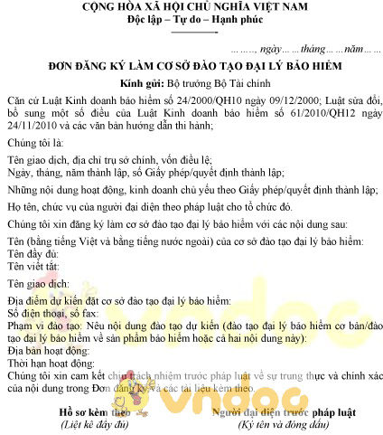 Mẫu đơn đăng ký làm cơ sở đào tạo đại lý bảo hiểm