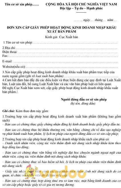 Mẫu đơn xin cấp giấy phép hoạt động kinh doanh nhập khẩu xuất bản phẩm
