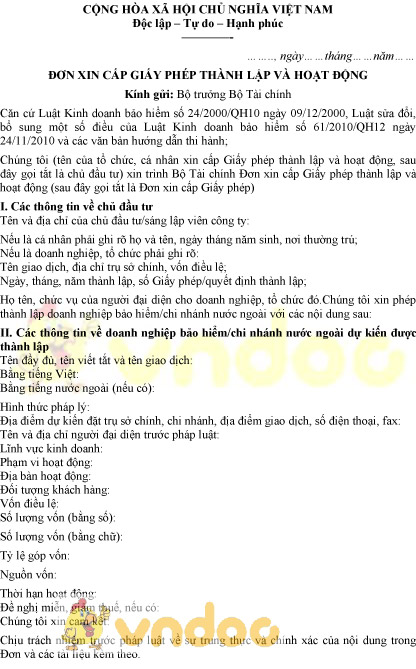 Mẫu đơn xin cấp phép thành lập và hoạt động doanh nghiệp bảo hiểm
