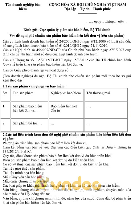 Mẫu đơn xin phê chuẩn sản phẩm bảo hiểm liên kết đơn vị