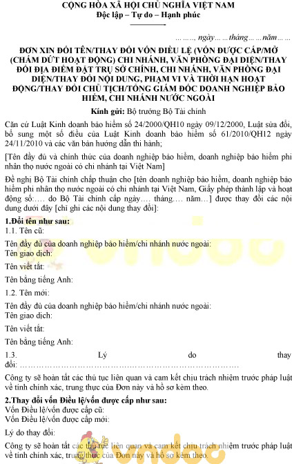 Mẫu đơn xin thay đổi nội dung đăng ký hoạt động của doanh nghiệp bảo hiểm
