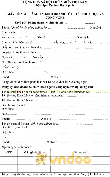 Mẫu giấy đề nghị đăng ký kinh doanh tổ chức khoa học công nghệ