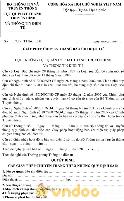 Mẫu giấy phép chuyên trang báo chí điện tử