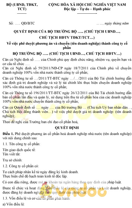 Mẫu quyết định phê duyệt phương án cổ phần hóa