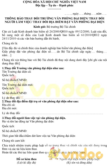 Mẫu thông báo thay đổi trưởng văn phòng đại diện của doanh nghiệp bảo hiểm nước ngoài