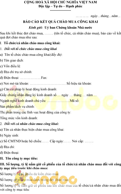 Mẫu báo cáo kết quả chào mua công khai