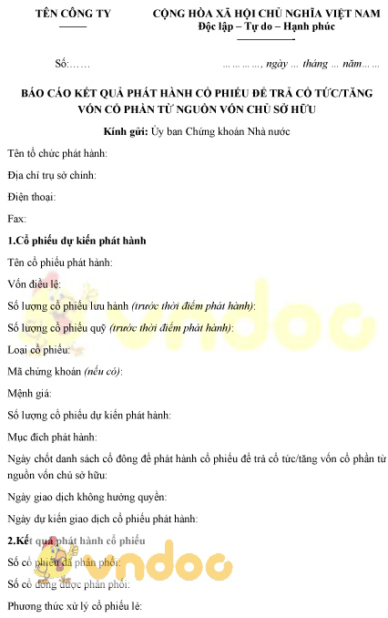 Mẫu báo cáo kết quả phát hành cổ phiếu để trả cổ tức