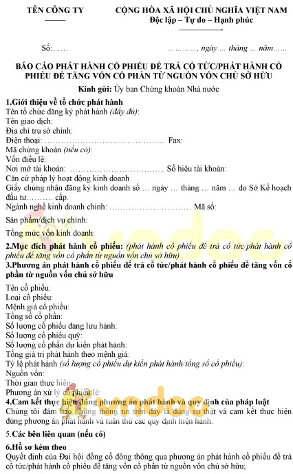 Mẫu báo cáo phát hành cổ phiếu để trả cổ tức