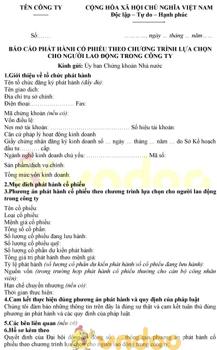 Mẫu báo cáo phát hành cổ phiếu theo chương trình lựa chọn cho người lao động