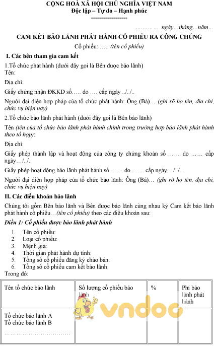 Mẫu cam kết bảo lãnh phát hành cổ phiếu