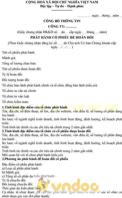 Mẫu công bố thông tin về phát hành cổ phiếu để hoán đổi cổ phần