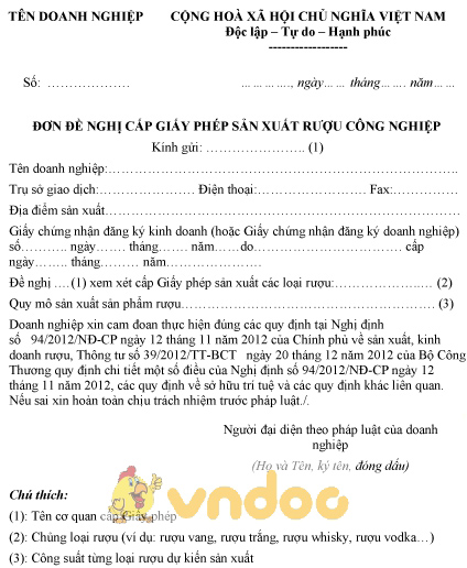 Mẫu đơn đề nghị cấp giấy phép sản xuất rượu công nghiệp