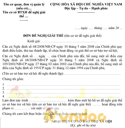 Mẫu đơn đề nghị giải thể cơ sở bảo trợ xã hội ngoài công lập