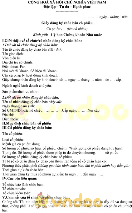 Mẫu giấy đăng ký chào bán cổ phiếu của cổ đông lớn