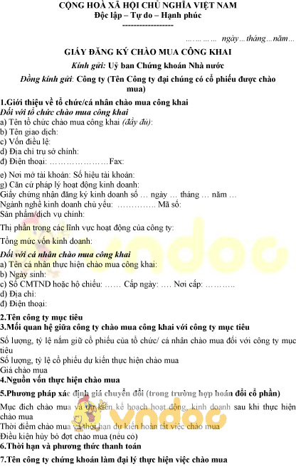 Mẫu giấy đăng ký chào mua công khai