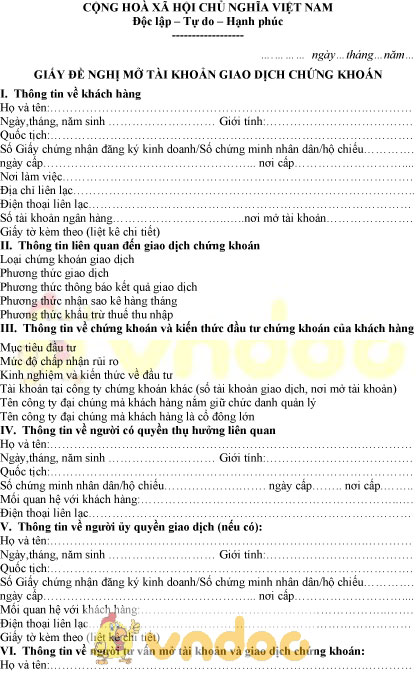 Mẫu giấy đề nghị mở tài khoản giao dịch chứng khoán