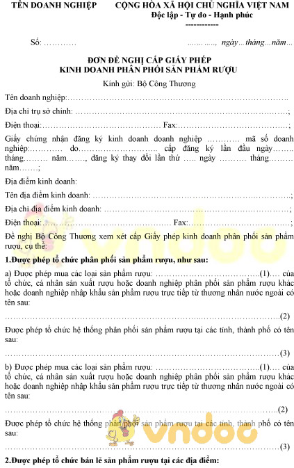 Mẫu đơn đề nghị cấp giấy phép kinh doanh phân phối sản phẩm rượu