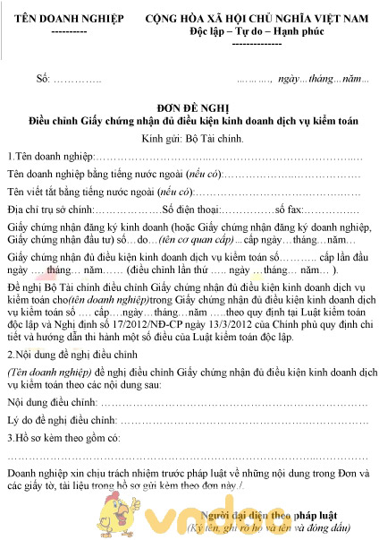 Mẫu đơn đề nghị điều chỉnh GCN đủ điều kiện kinh doanh kiểm toán