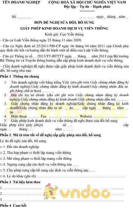 Mẫu đơn đề nghị sửa đổi, bổ sung giấy phép kinh doanh dịch vụ viễn thông