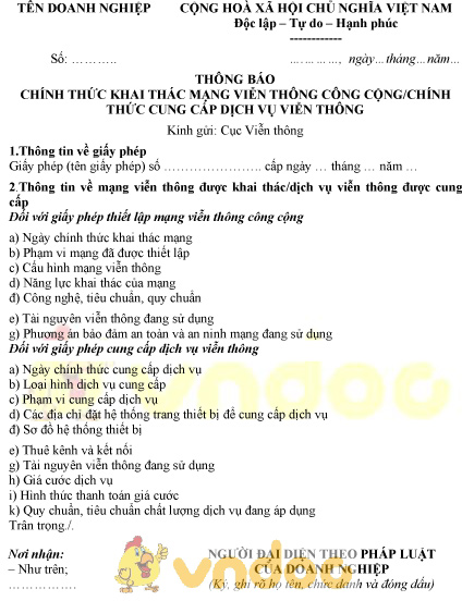 Mẫu thông báo chính thức khai thác mạng viễn thông công cộng