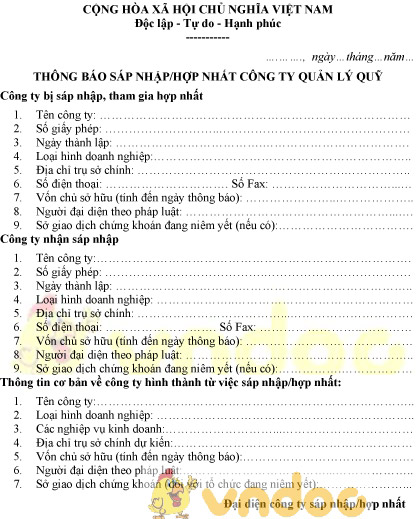 Mẫu thông báo sáp nhập, hợp nhất công ty quản lý quỹ