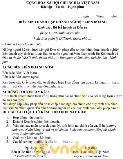 Mẫu đơn xin thành lập doanh nghiệp liên doanh