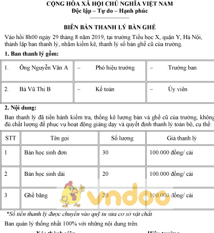 Mẫu biên bản thanh lý bàn ghế