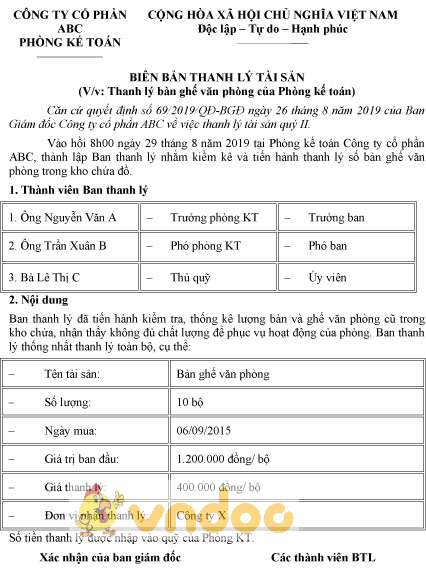 Mẫu biên bản thanh lý bàn ghế văn phòng