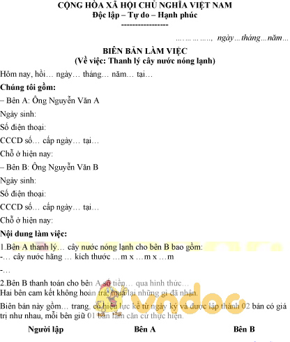 Mẫu biên bản thanh lý cây nước nóng lạnh