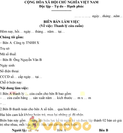 Mẫu biên bản thanh lý cửa cuốn