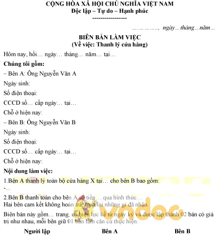 Mẫu biên bản thanh lý cửa hàng