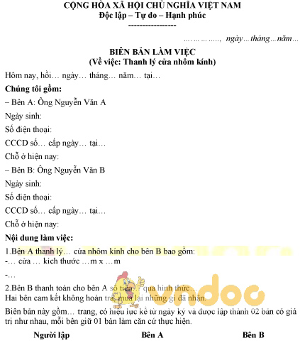 Mẫu biên bản thanh lý cửa nhôm kính