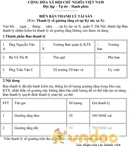Mẫu biên bản thanh lý giường tầng
