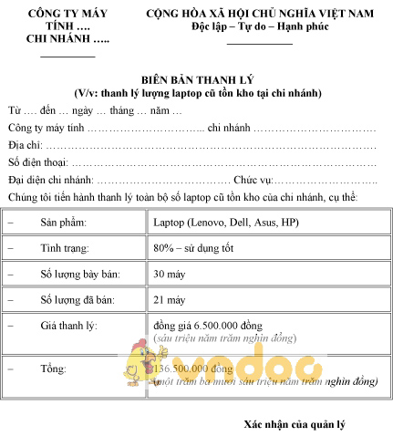 Mẫu biên bản thanh lý laptop cũ