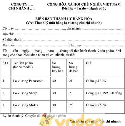 Mẫu biên bản thanh lý lò vi sóng