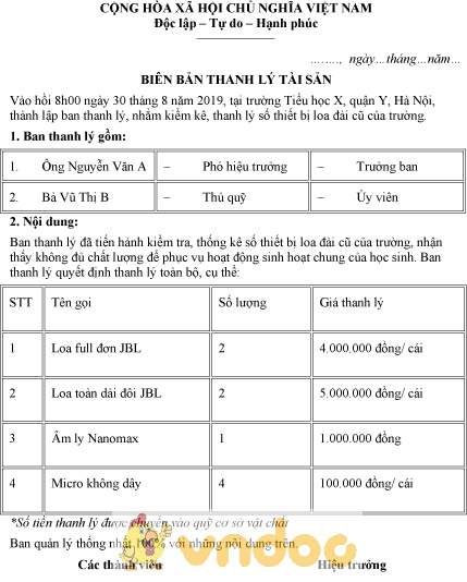 Mẫu biên bản thanh lý loa, thiết bị âm thanh