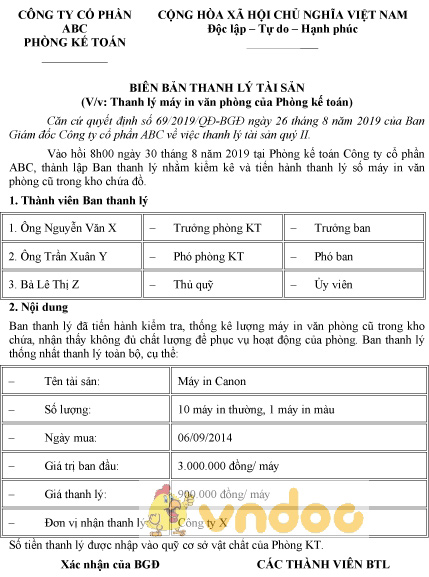Mẫu biên bản thanh lý máy in