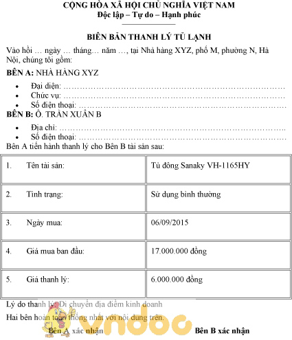 Mẫu biên bản thanh lý tủ lạnh - HoaTieu.vn