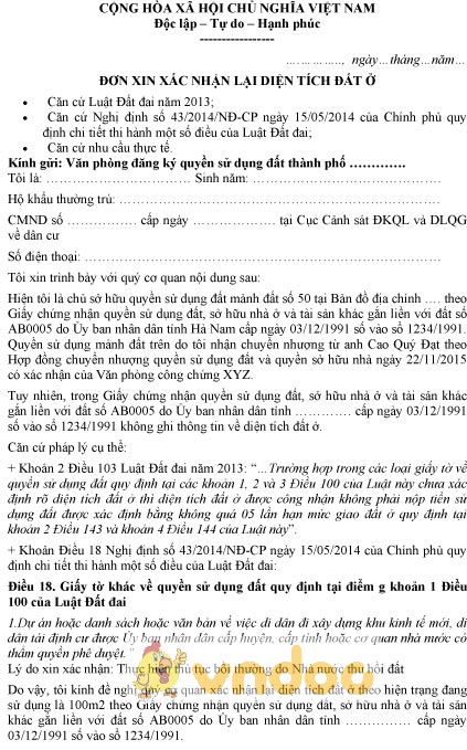 Mẫu đơn xin xác định lại diện tích đất ở