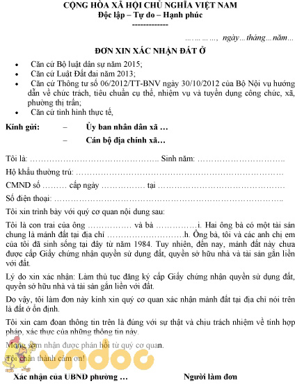 Mẫu đơn xin xác nhận đất ở