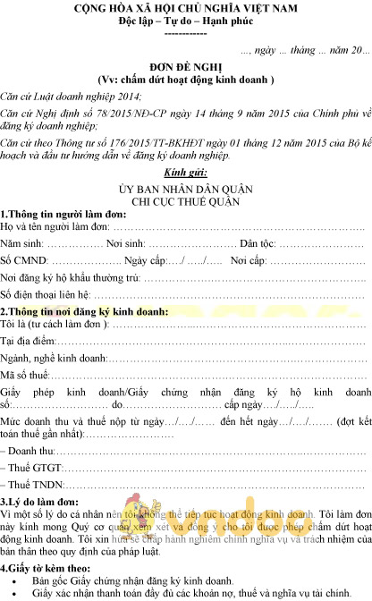 Mẫu đơn đề nghị chấm dứt hoạt động kinh doanh