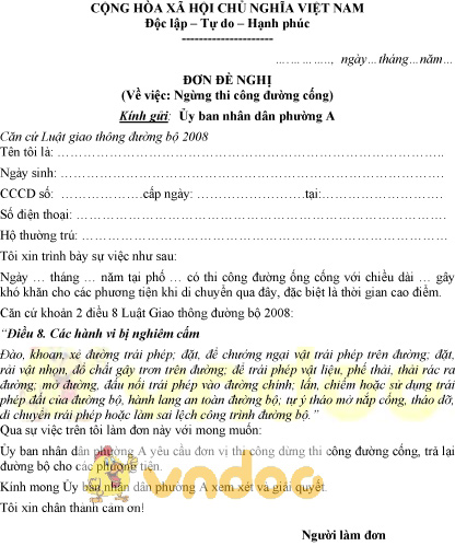 Mẫu đơn đề nghị ngừng thi công đường cống gây cản trở giao thông