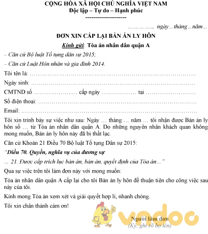 Mẫu đơn xin cấp lại bản án ly hôn