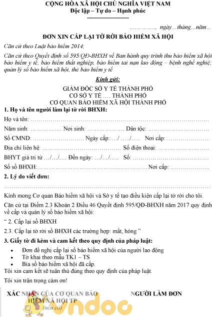 Mẫu đơn xin cấp lại tờ rời bảo hiểm xã hội