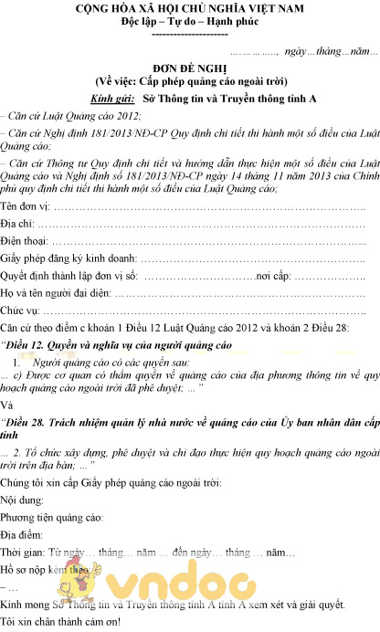 Mẫu đơn xin cấp phép quảng cáo ngoài trời